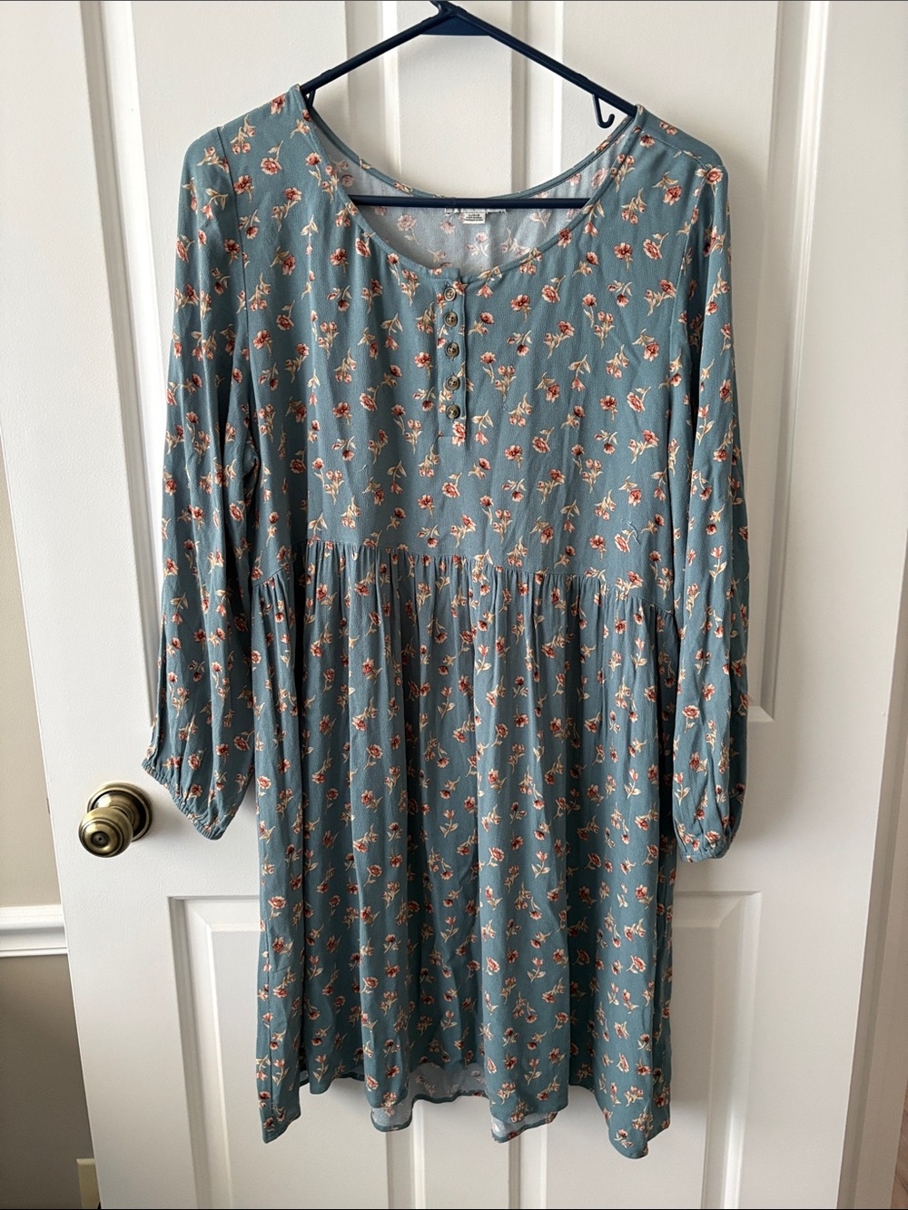 American Eagle Outfitters Teal Floral Long-Sleeve Button Dress